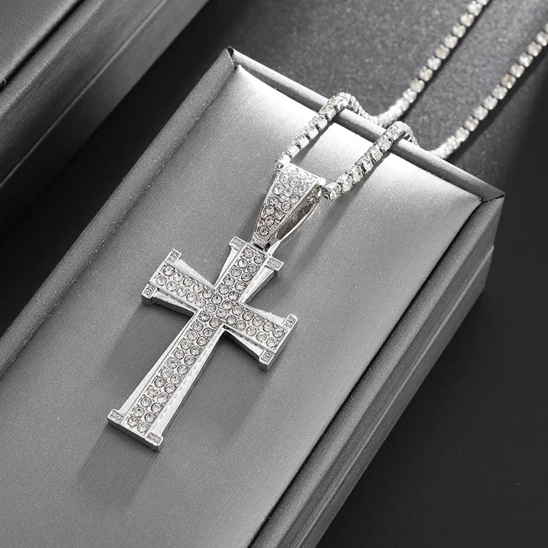 Men's Cross Pendant Necklace – White Zircon Inlay
