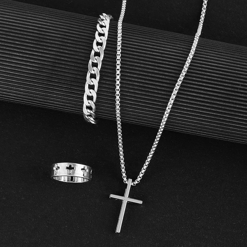 Men's Steel Cross Set - Chain, Bracelet & Ring Trio