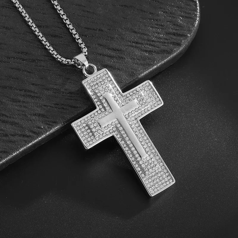 Men's Cross Pendant Necklace – White Zircon Inlay