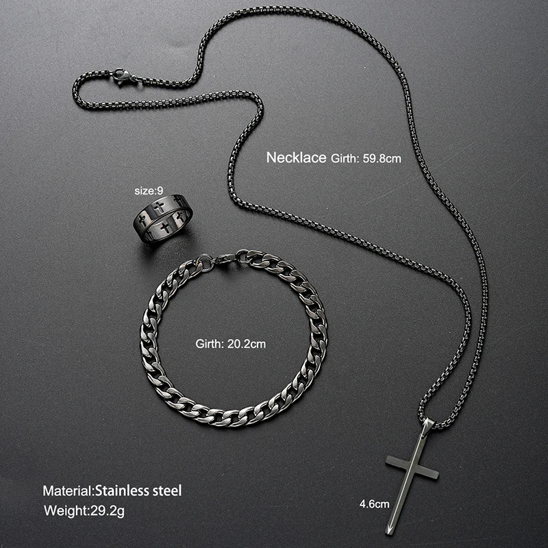 Men's Steel Cross Set - Chain, Bracelet & Ring Trio