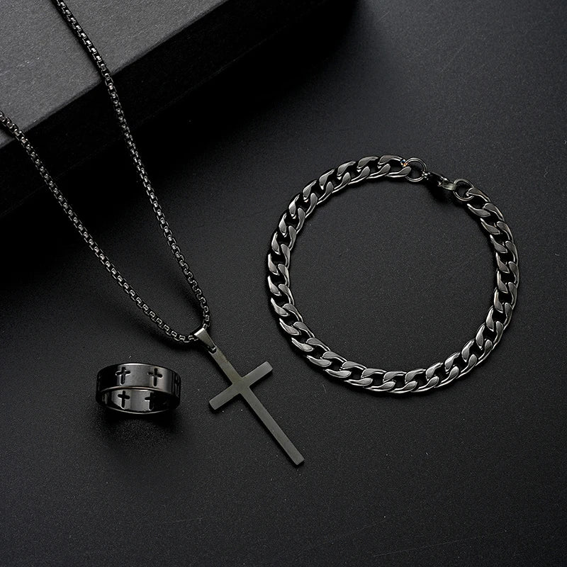 Men's Steel Cross Set - Chain, Bracelet & Ring Trio