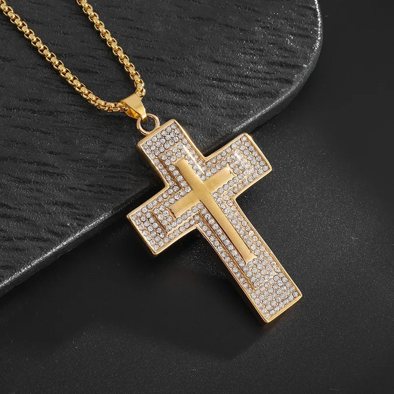Men's Cross Pendant Necklace – White Zircon Inlay