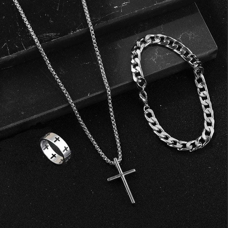 Men's Steel Cross Set - Chain, Bracelet & Ring Trio