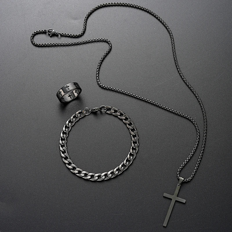 Men's Steel Cross Set - Chain, Bracelet & Ring Trio
