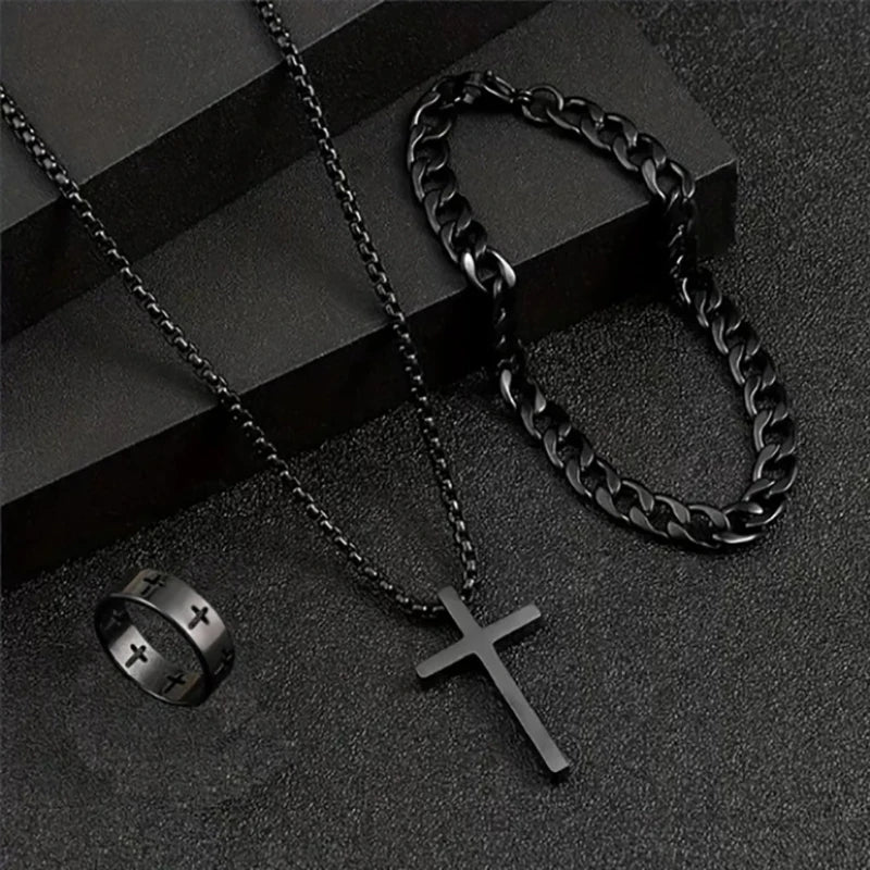 Men's Steel Cross Set - Chain, Bracelet & Ring Trio