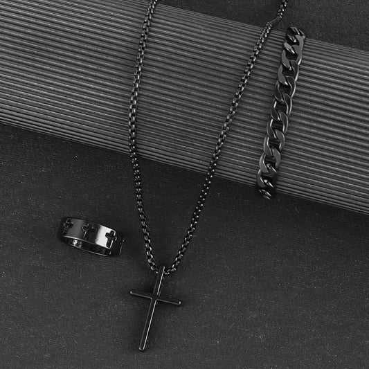 Men's Steel Cross Set - Chain, Bracelet & Ring Trio