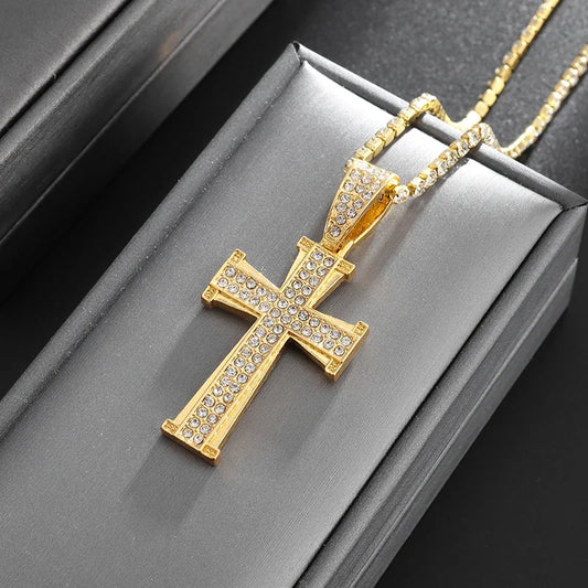 Men's Cross Pendant Necklace – White Zircon Inlay